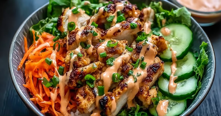 An aerial view of a delicious Bang Bang Chicken Bowl with colorful vegetables, rice, avocado, and chicken in Bang Bang sauce.