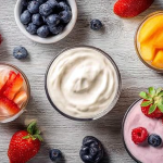 Bowl of homemade yogurt topped with fresh fruits and honey