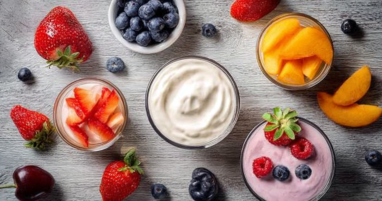 Bowl of homemade yogurt topped with fresh fruits and honey