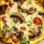 Delicious mushroom frittata served with fresh herbs and salad on a wooden table.