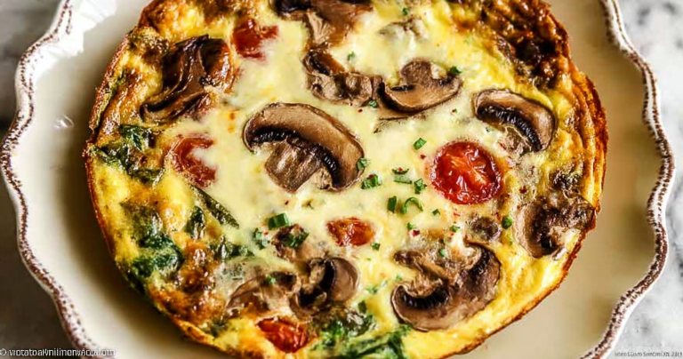 Delicious mushroom frittata served with fresh herbs and salad on a wooden table.