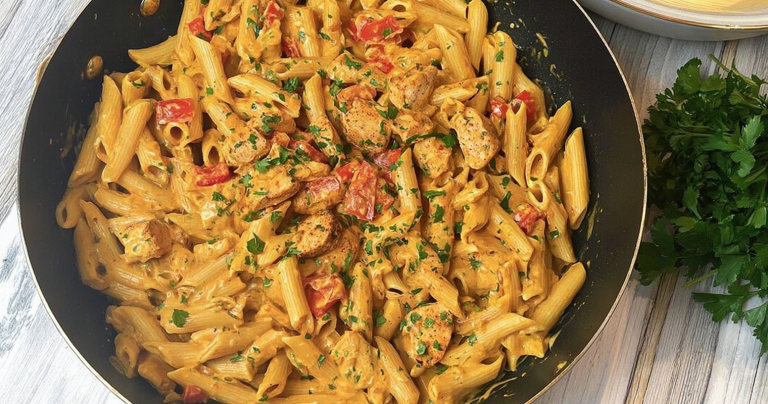 Creamy Cajun Chicken Pasta in a skillet, garnished with green onions, highlighting the delicious sauce and pasta.