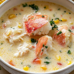 Delicious crab chowder in a bowl with fresh parsley and corn, served on a wooden table.