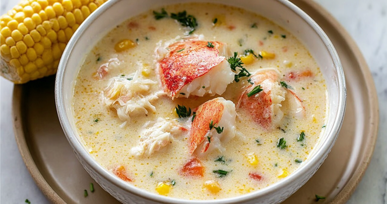 Delicious crab chowder in a bowl with fresh parsley and corn, served on a wooden table.