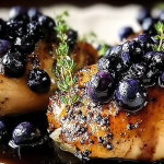 Plated best-ever blueberry thyme chicken garnished with blueberries and thyme on a rustic wooden table