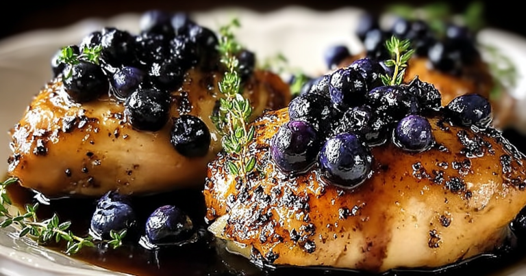 Plated best-ever blueberry thyme chicken garnished with blueberries and thyme on a rustic wooden table
