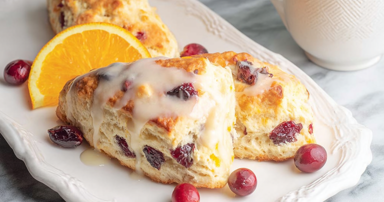Freshly baked cranberry orange scones with orange glaze on a wooden table, garnished with orange slices and cranberries.