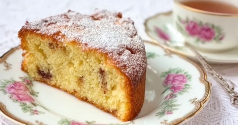 Slice of Irish tea cake adorned with fresh berries and whipped cream on a wooden table