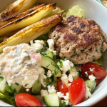 Mediterranean Turkey Burger Bowl with roasted potatoes, fresh vegetables, and feta cheese on a rustic wooden table.