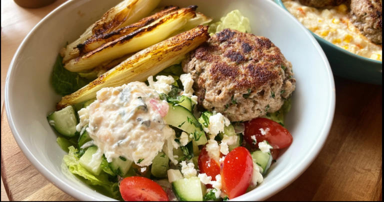 Mediterranean Turkey Burger Bowl with roasted potatoes, fresh vegetables, and feta cheese on a rustic wooden table.
