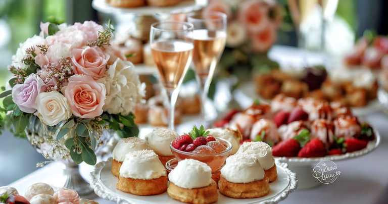 Elegant bridal shower food display with appetizers, desserts, and floral decorations