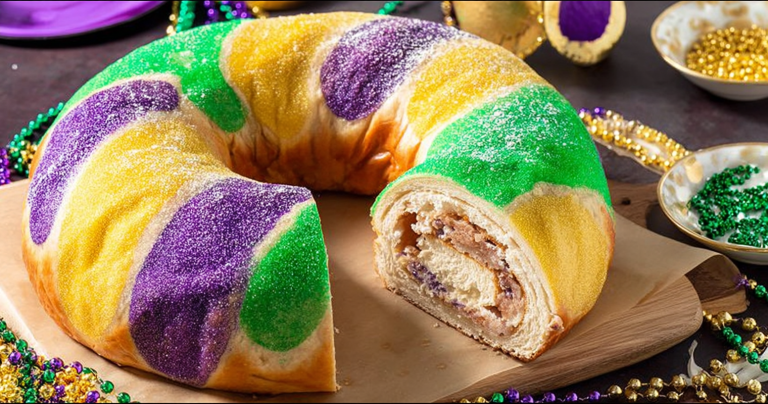 Festively adorned king cake on a table with Mardi Gras decorations, featuring vibrant purple, green, and gold sugars.