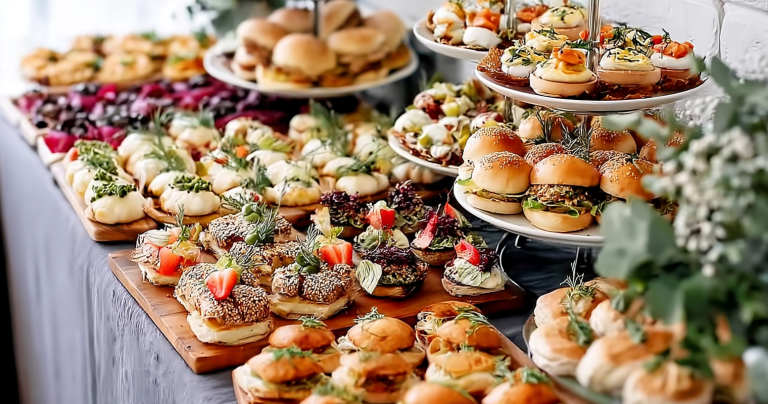 Elegant display of bridal shower finger foods including mini sandwiches and fruit skewers on a decorated table.