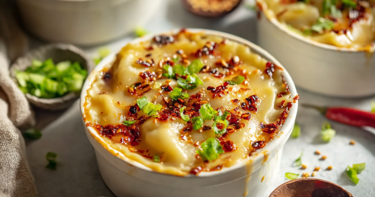 Close-up of viral dumpling lasagna in a ramekin, garnished with chili oil and green onions.