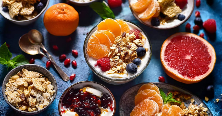 A colorful yogurt bar featuring fresh fruits, granola, and chocolate chips for yogurt toppings.