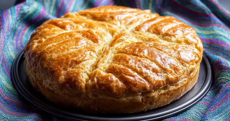 Sliced galette des rois with almond filling on a wooden table, decorated for Epiphany celebrations.