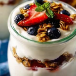Close-up of a delicious Greek yogurt parfait layered with fresh berries and granola in a glass jar.