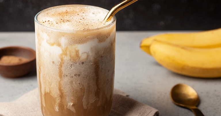 Delicious banana bread latte with whipped cream and cinnamon, served in a glass.