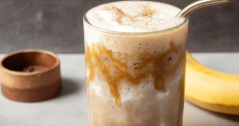 Banana bread latte served in a glass with ice, topped with whipped cream and cinnamon, surrounded by fresh bananas and a slice of banana bread.