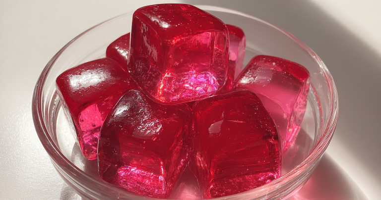 Dr Oz pink gelatin cubes garnished with lemon slices and cranberries on a colorful plate.