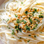 Creamy yogurt pasta sauce with spaghetti garnished with pine nuts and herbs.