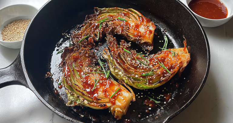 Blistered cabbage steaks topped with gochujang glaze and garnished with sesame seeds and scallions.