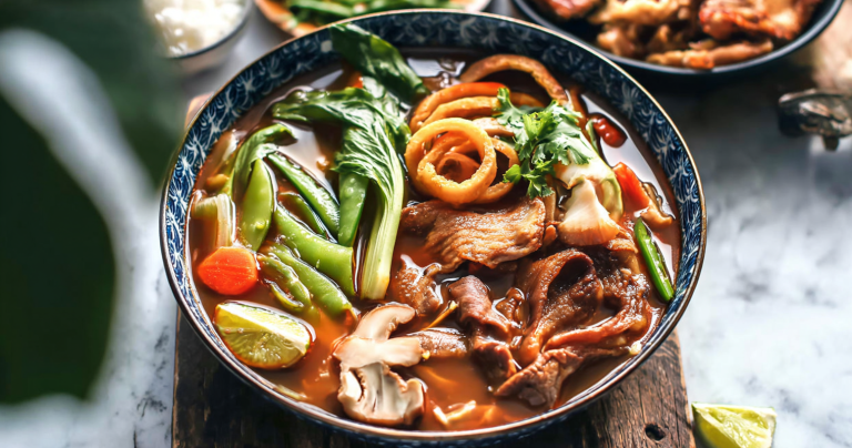 A colorful hot pot dinner setup with fresh ingredients and simmering broth, perfect for a cozy gathering.