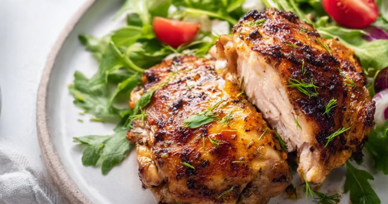 Baked chicken thighs marinated in yogurt, served with fresh herbs and spices.