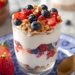 Layered yogurt parfait with strawberries, blueberries, and granola in a glass