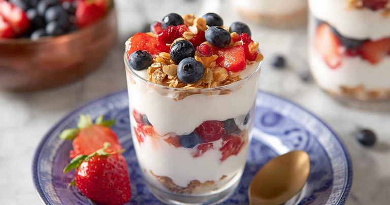Layered yogurt parfait with strawberries, blueberries, and granola in a glass