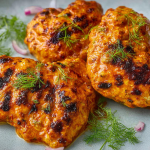 Grilled Greek Yogurt Chicken served with mixed greens and lemon wedges on a colorful plate.