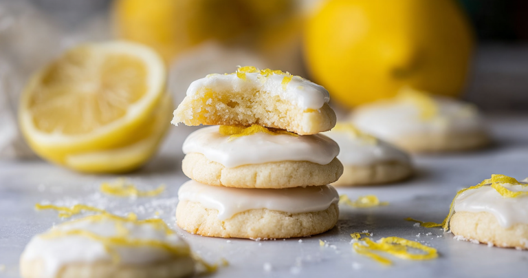 Freshly baked lemon meltaway cookies garnished with powdered sugar and lemon zest on a rustic wooden table.