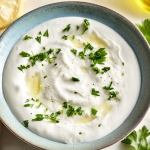 Creamy garlic yogurt sauce drizzled with olive oil in a bowl, garnished with herbs, with roasted vegetables in the background.