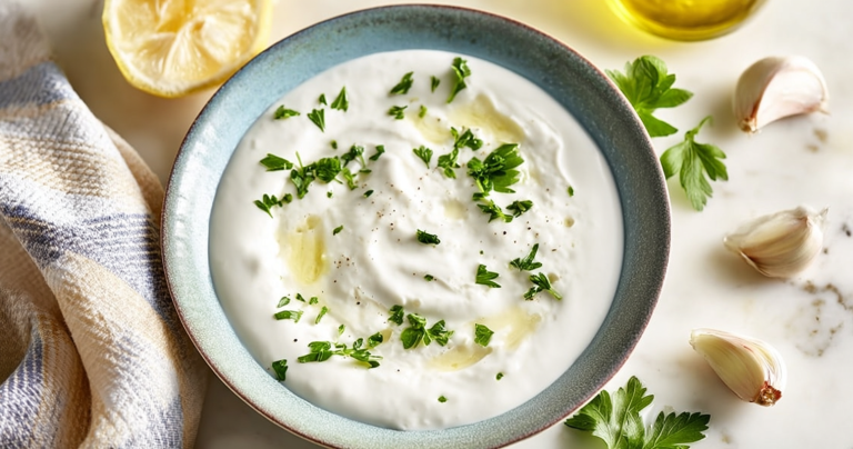 Creamy garlic yogurt sauce drizzled with olive oil in a bowl, garnished with herbs, with roasted vegetables in the background.