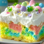 Easter Poke Cake with festive decorations and colorful sprinkles on a table.