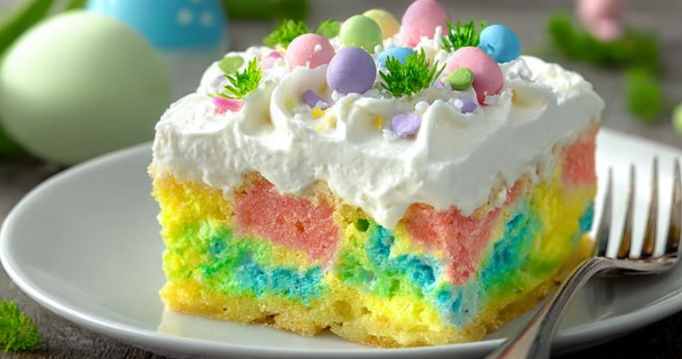 Easter Poke Cake with festive decorations and colorful sprinkles on a table.