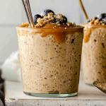 Brown Sugar Shaken Espresso Overnight Oats in a bowl with fresh fruits and chia seeds.
