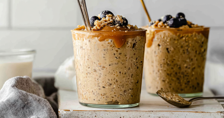 Brown Sugar Shaken Espresso Overnight Oats in a bowl with fresh fruits and chia seeds.