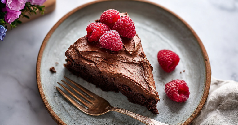 Sliced chocolate yogurt cake with fresh berries on a wooden board