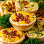 Freshly baked mini quiches garnished with herbs in a muffin tin, ready to serve.