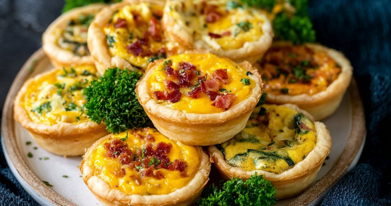 Freshly baked mini quiches garnished with herbs in a muffin tin, ready to serve.