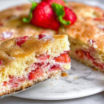 Sliced French Strawberry Cake on a wooden table with fresh strawberries.