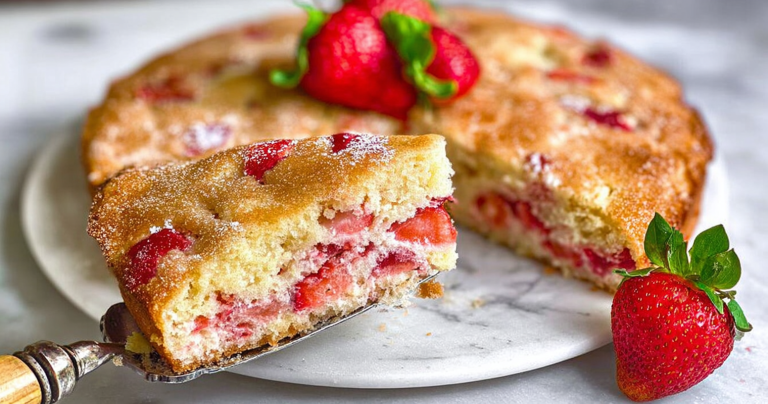 Sliced French Strawberry Cake on a wooden table with fresh strawberries.