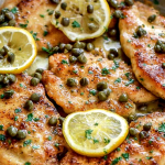 Plate of chicken piccata with lemon slices and parsley next to roasted asparagus.