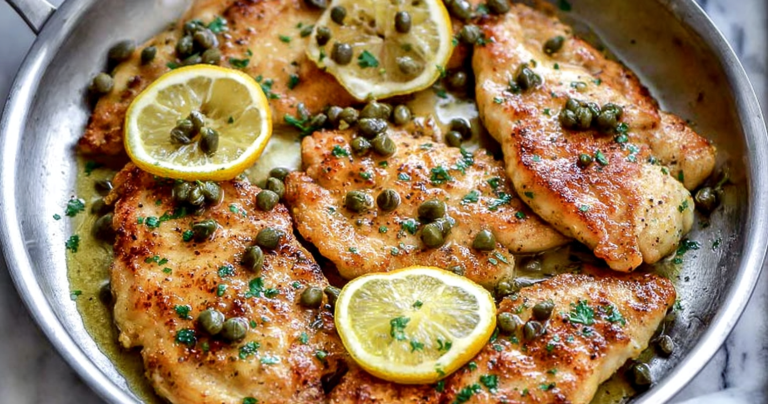 Plate of chicken piccata with lemon slices and parsley next to roasted asparagus.