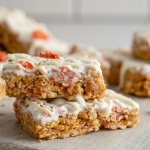 Delicious homemade granola bar topped with yogurt coating and white chocolate drizzle, garnished with freeze-dried strawberries.