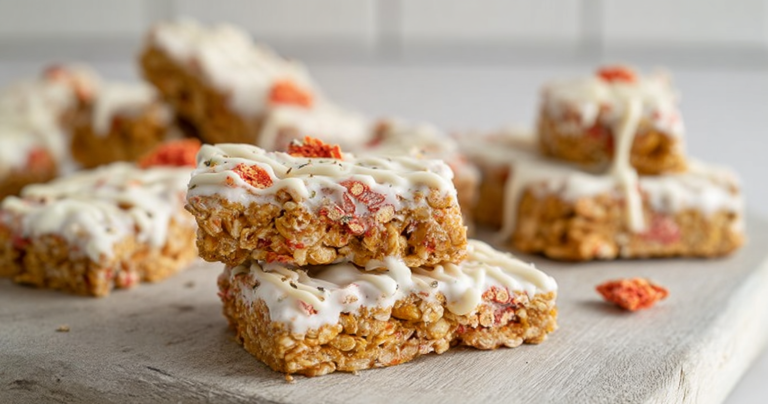Delicious homemade granola bar topped with yogurt coating and white chocolate drizzle, garnished with freeze-dried strawberries.