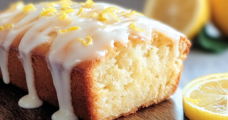 Slice of Starbucks-inspired lemon loaf with glaze and lemon zest on a wooden board
