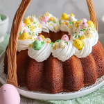 A beautifully decorated Easter Basket Bundt Cake with floral and pastel candy decorations, perfect for spring celebrations.
