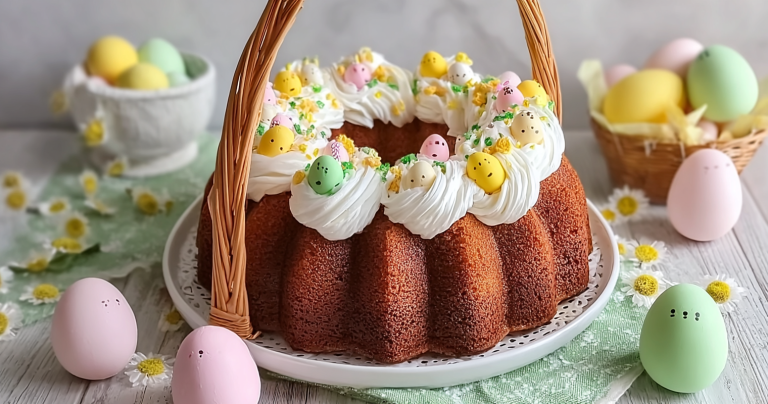 A beautifully decorated Easter Basket Bundt Cake with floral and pastel candy decorations, perfect for spring celebrations.